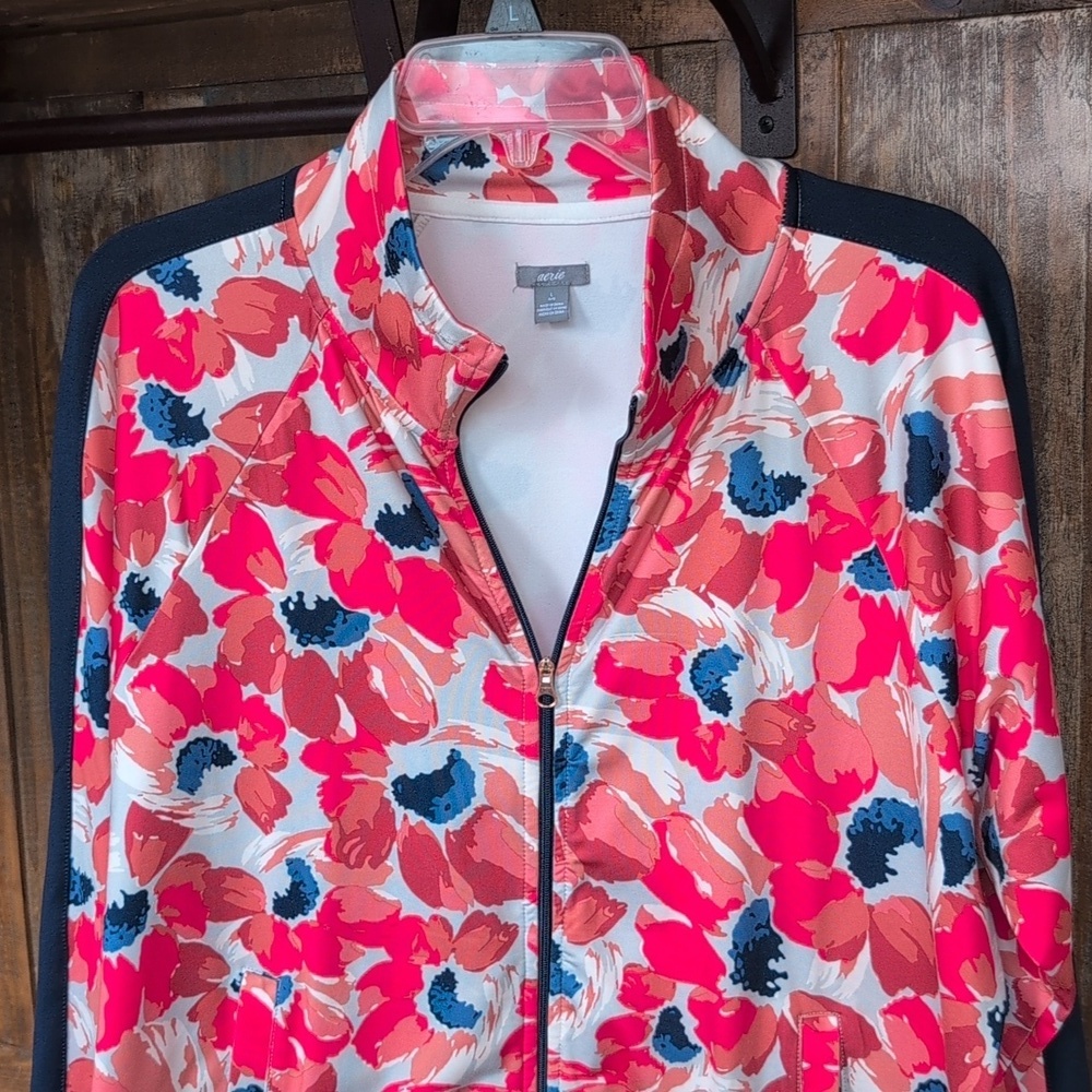 Aerie Floral Print Full Zip Track Jacket Navy Side Panel - Women's Large - Picture 2 of 6